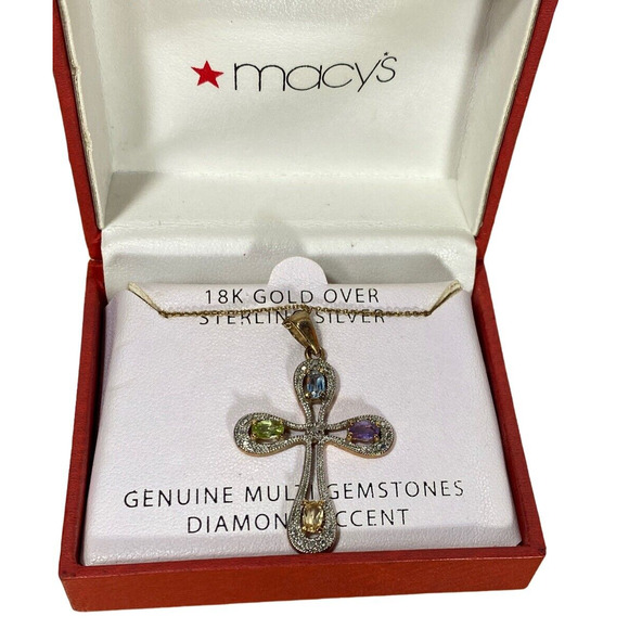 Multi Gemstone 18K Gold Over 925 Sterling Silver Cross Pendant Necklace NIB